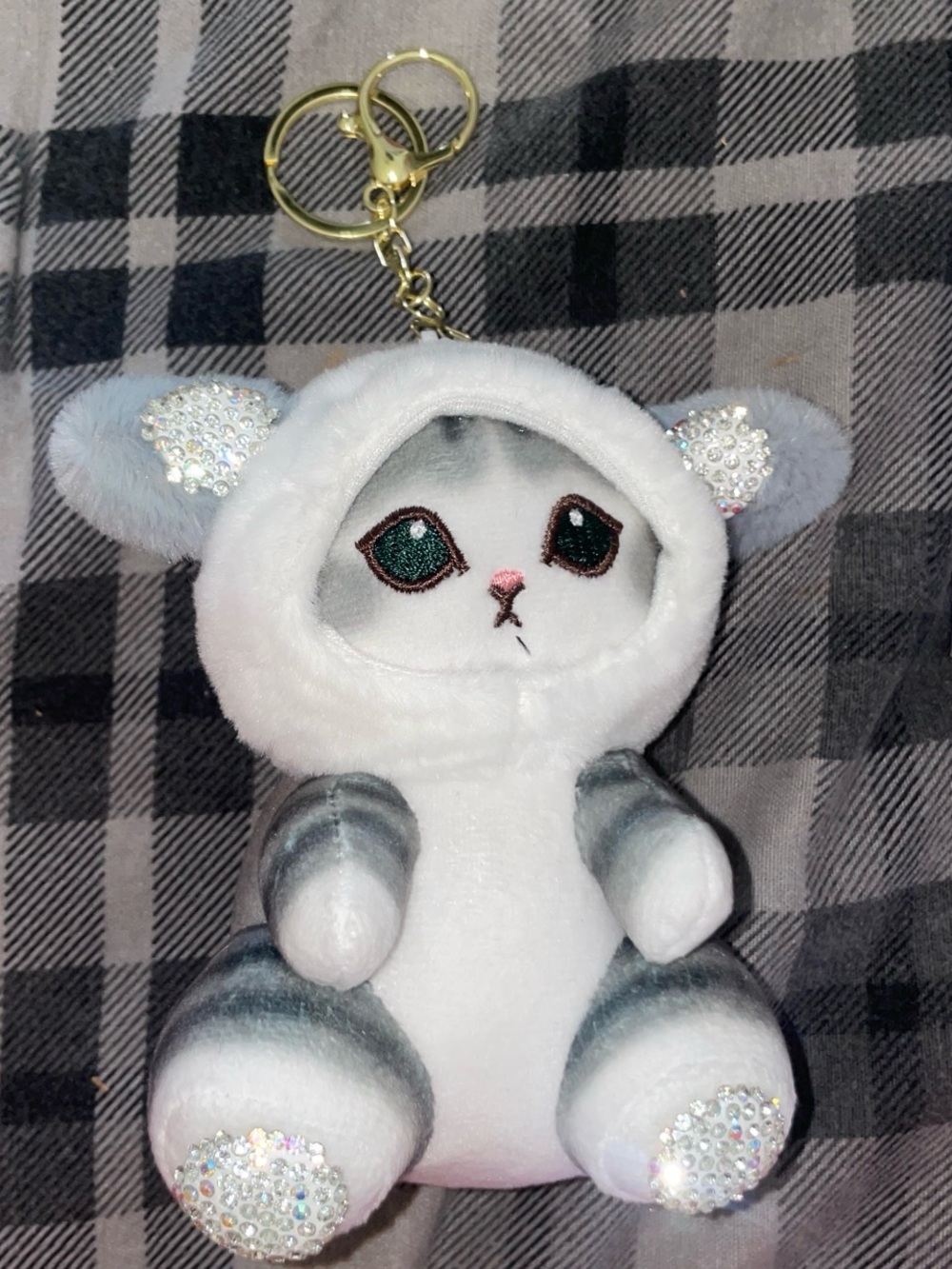 Plush Cat Keychain - White and Gray with Sparkle Accents